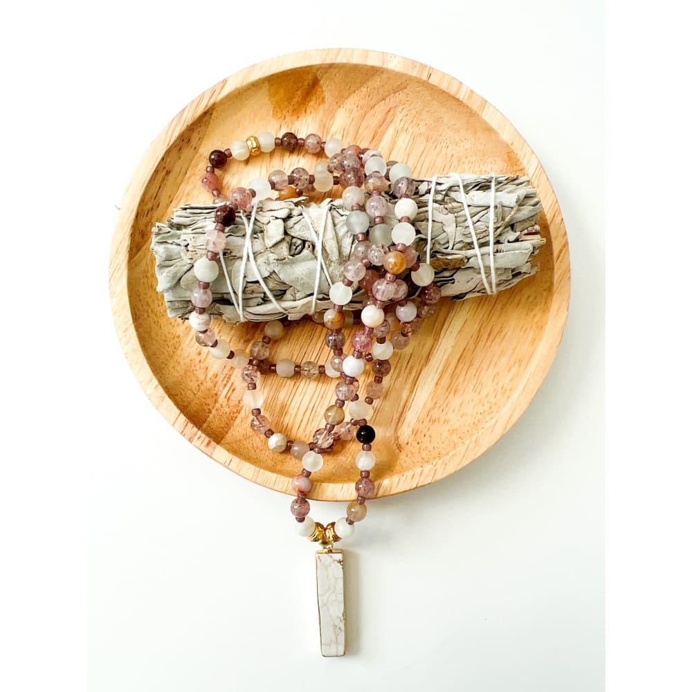 Strawberry Quartz Mala - White Turquoise Pendat
