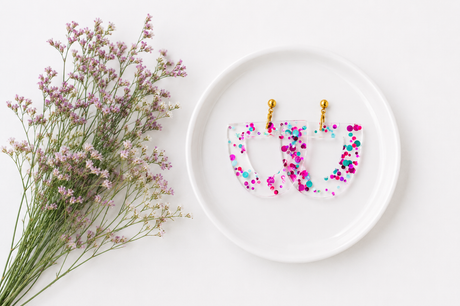 Pink and Blue Half Moon Statement Earrings - Gold Arrow Studios 