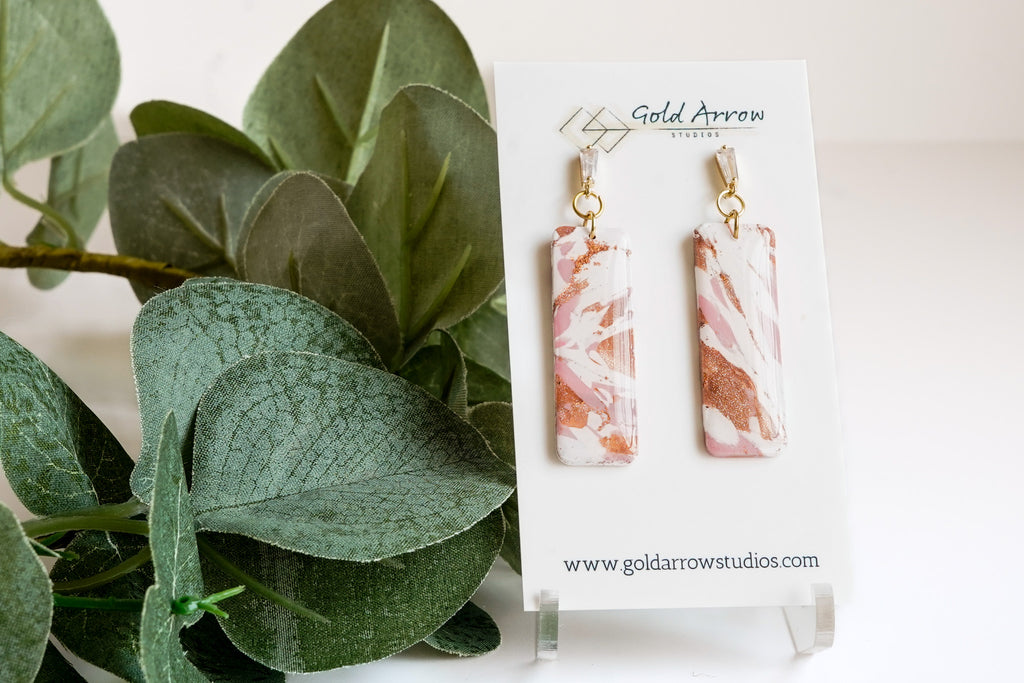 Pink and Copper Clay Rectangle Dangles - Gold Arrow Studios 