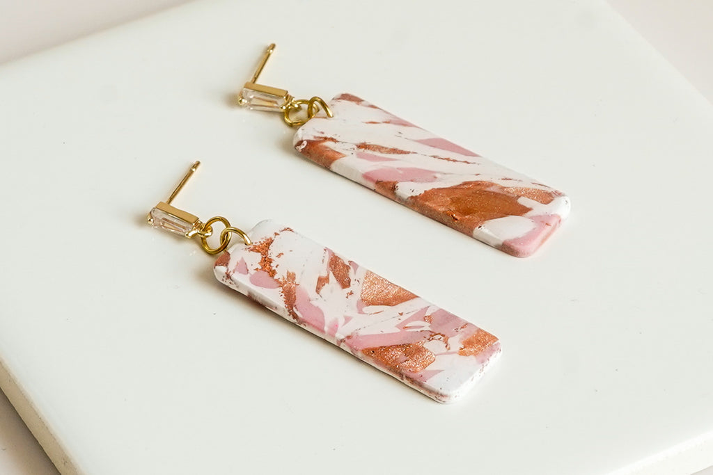 Pink and Copper Clay Rectangle Dangles - Gold Arrow Studios 