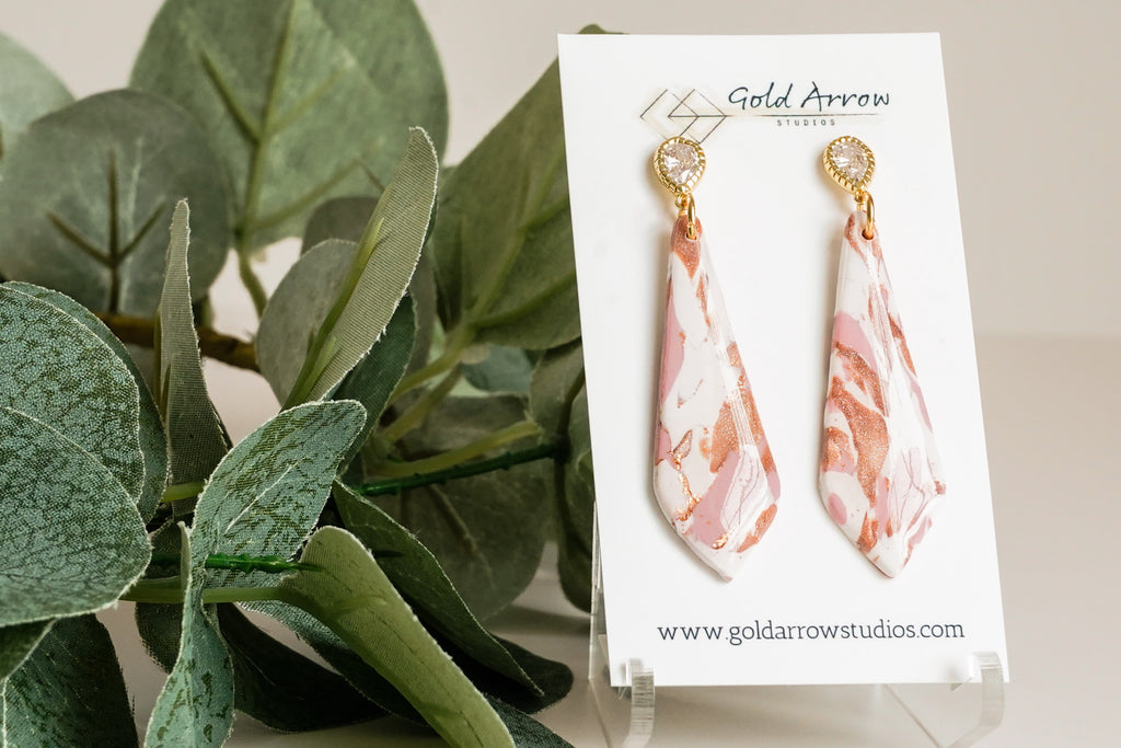 Pink and Copper Triangle Teardrop  Dangles - Gold Arrow Studios 