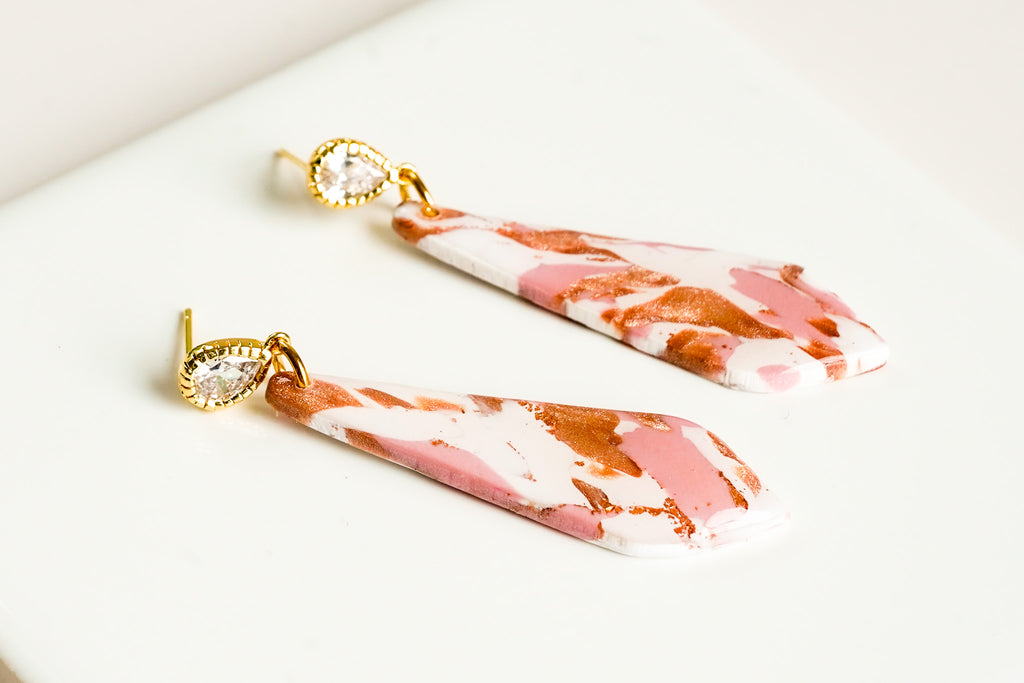 Pink and Copper Triangle Teardrop  Dangles - Gold Arrow Studios 