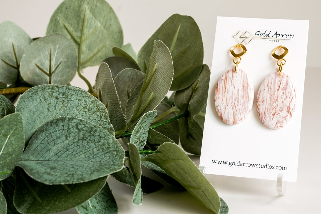 Pink and Copper Clay Oval Dangles - Gold Arrow Studios 