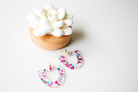 Pink and Blue Half Moon Statement Earrings - Gold Arrow Studios 