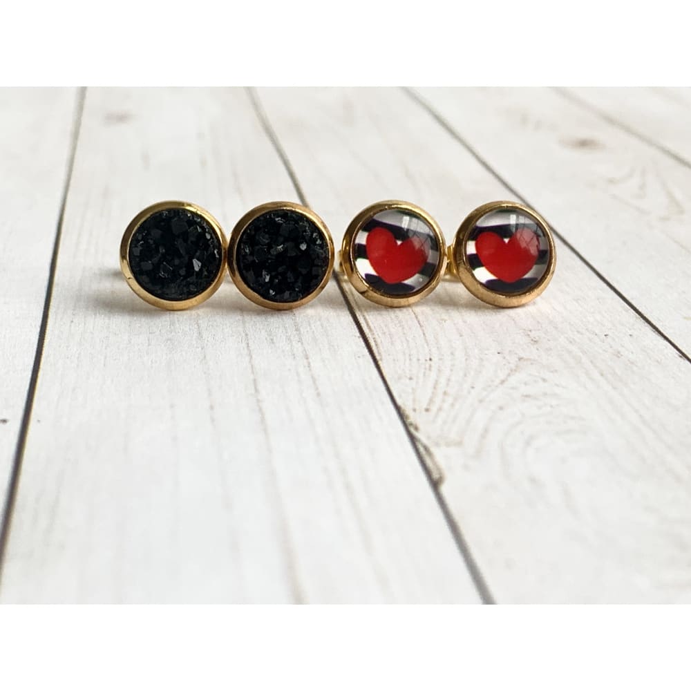Heart and Black Druzy Studs - Gold - Stud Earrings