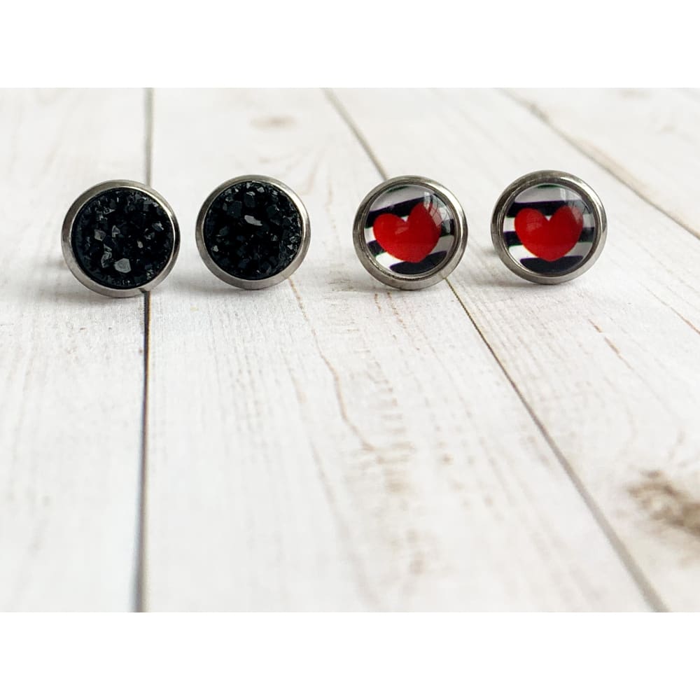 Heart and Black Druzy Studs - Silver - Stud Earrings