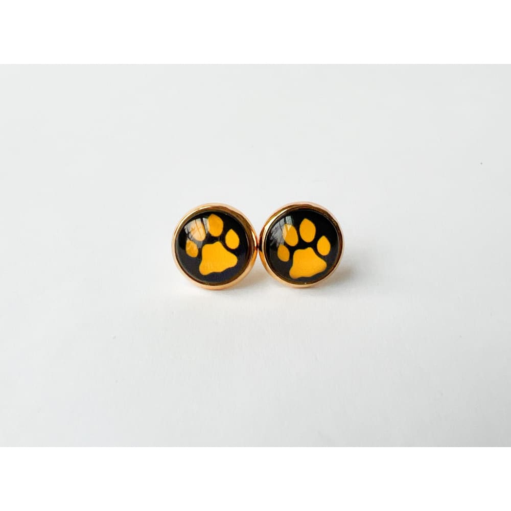 St. Ignatius School Studs - Gold / Blue Paw Yellow Background
